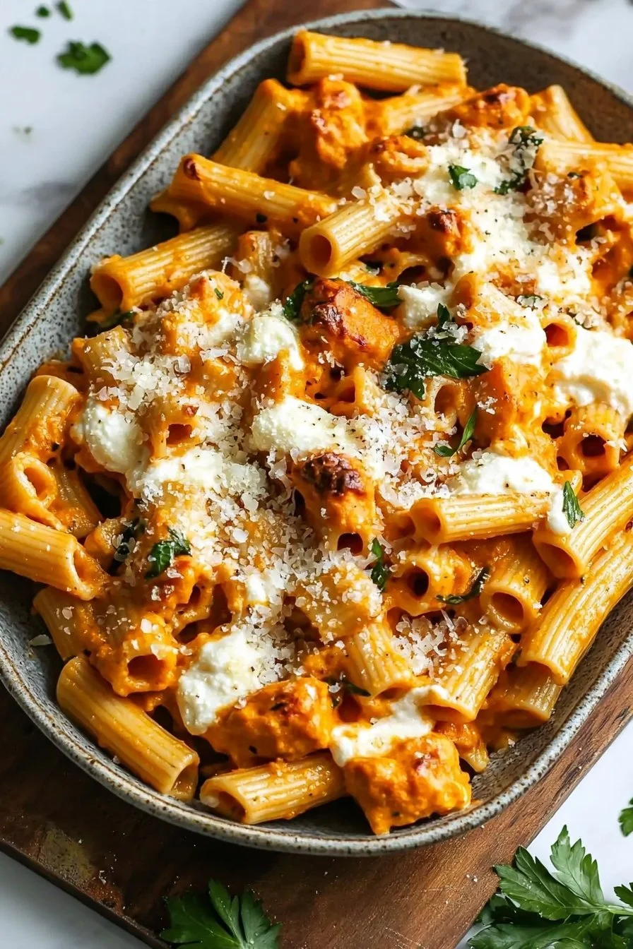 Cheesy Pumpkin Pasta Bake topped with cheese and herbs in a baking dish