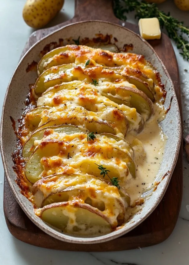 Cheesy scalloped potatoes baked in creamy sauce until golden brown