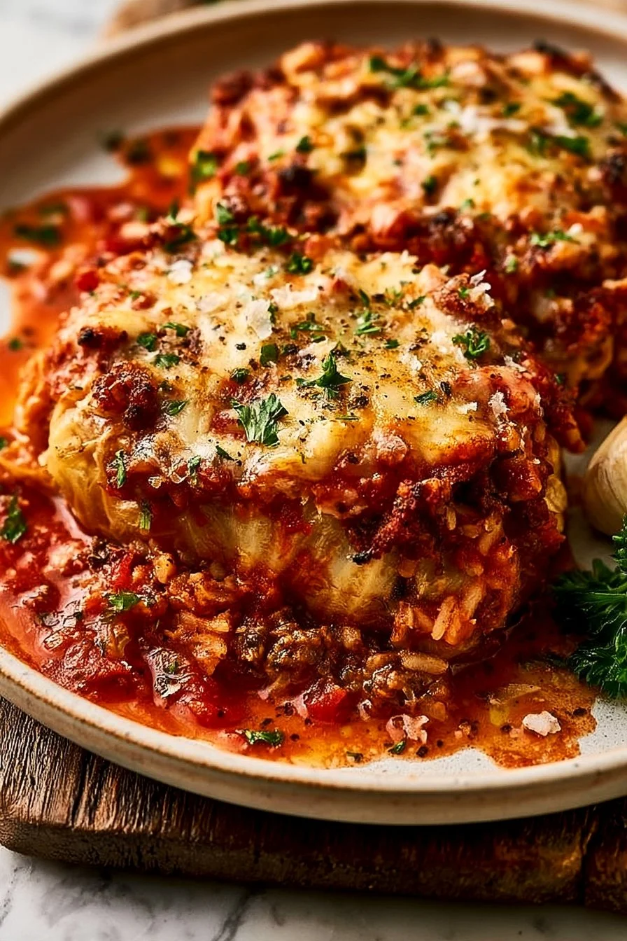 Cheesy stuffed cabbage halves with ground beef and rice, baked to perfection.