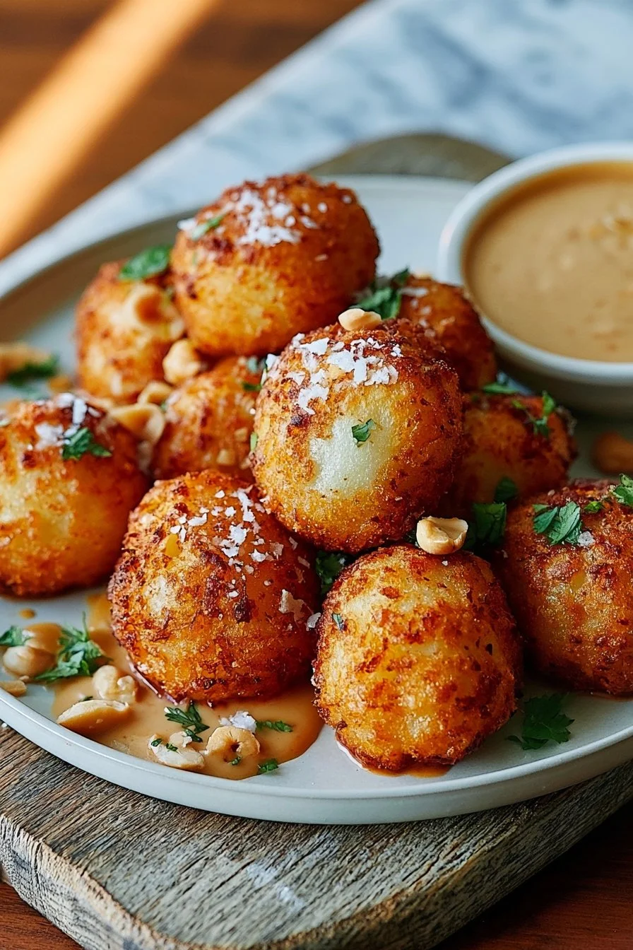 Chewy Potato Balls with a Spicy Curry Satay Dipping Sauce