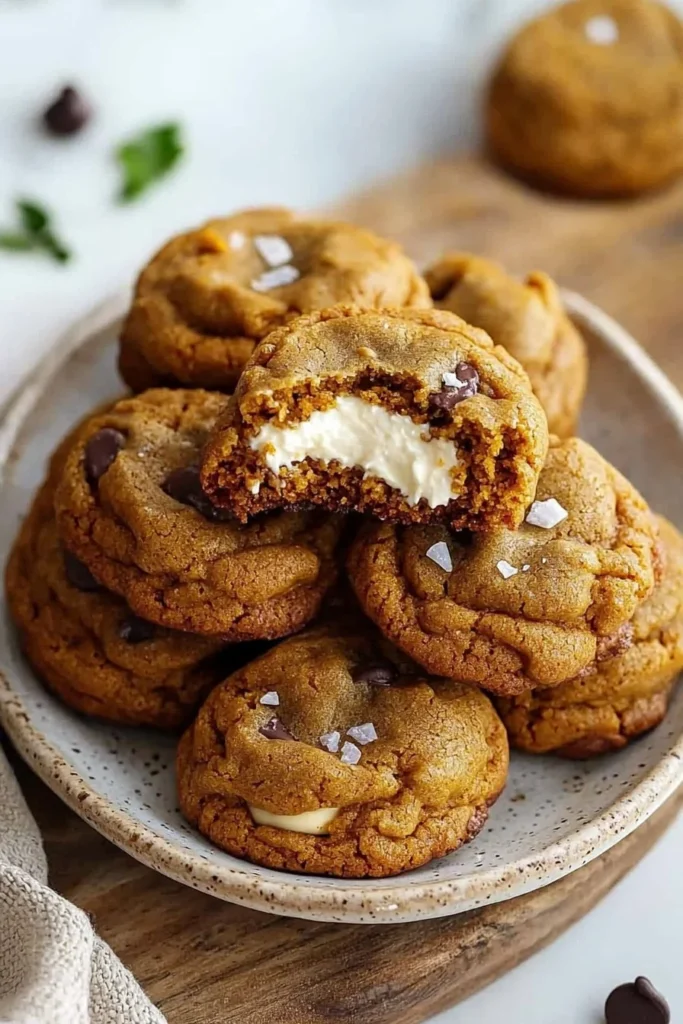 Chewy pumpkin cheesecake cookies arranged on a plate
