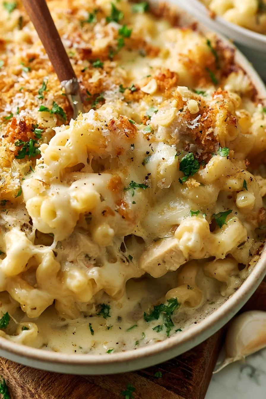 Baked Chicken Alfredo Mac and Cheese in a creamy dish topped with herbs