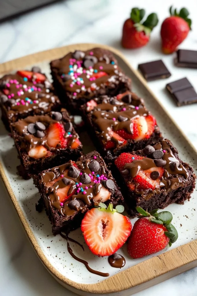 Delicious chocolate covered strawberry brownies topped with fresh strawberries