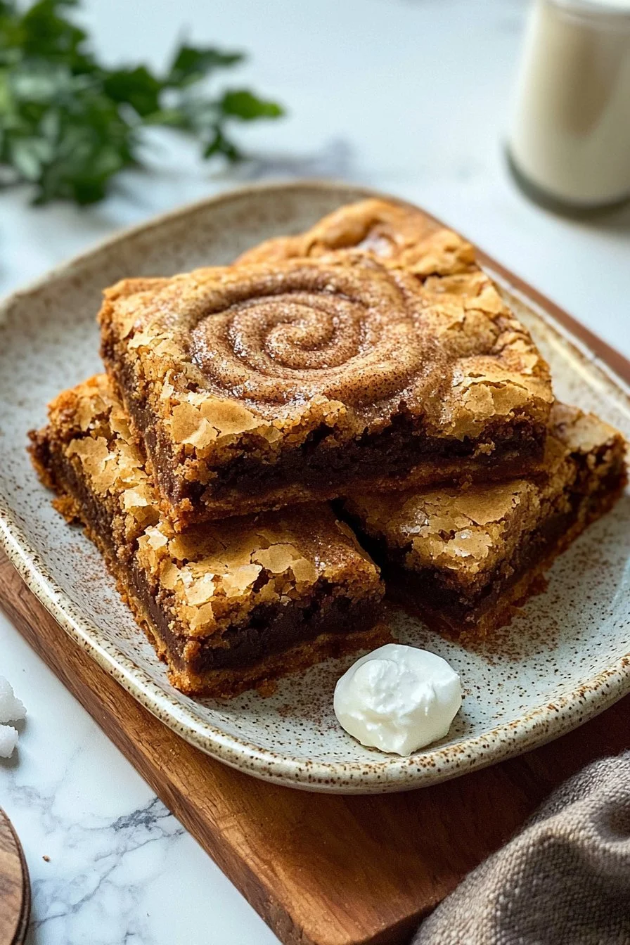 Cinnamon roll blondies with a cinnamon sugar swirl on top, freshly baked
