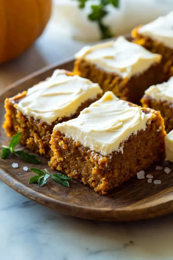 Classic pumpkin bars with cream cheese frosting on a decorative plate