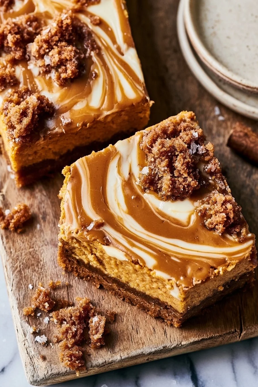 Cookie butter pumpkin cheesecake bars with a spiced biscuit crust