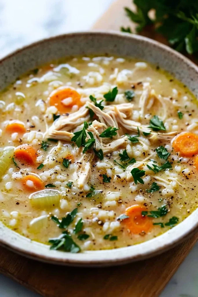 Bowl of cozy chicken and rice soup garnished with herbs