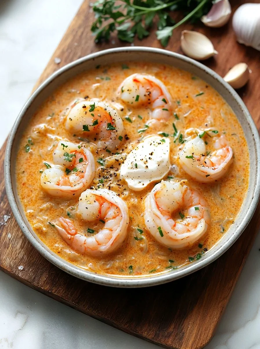 Bowl of crab and shrimp seafood bisque with a creamy tomato base
