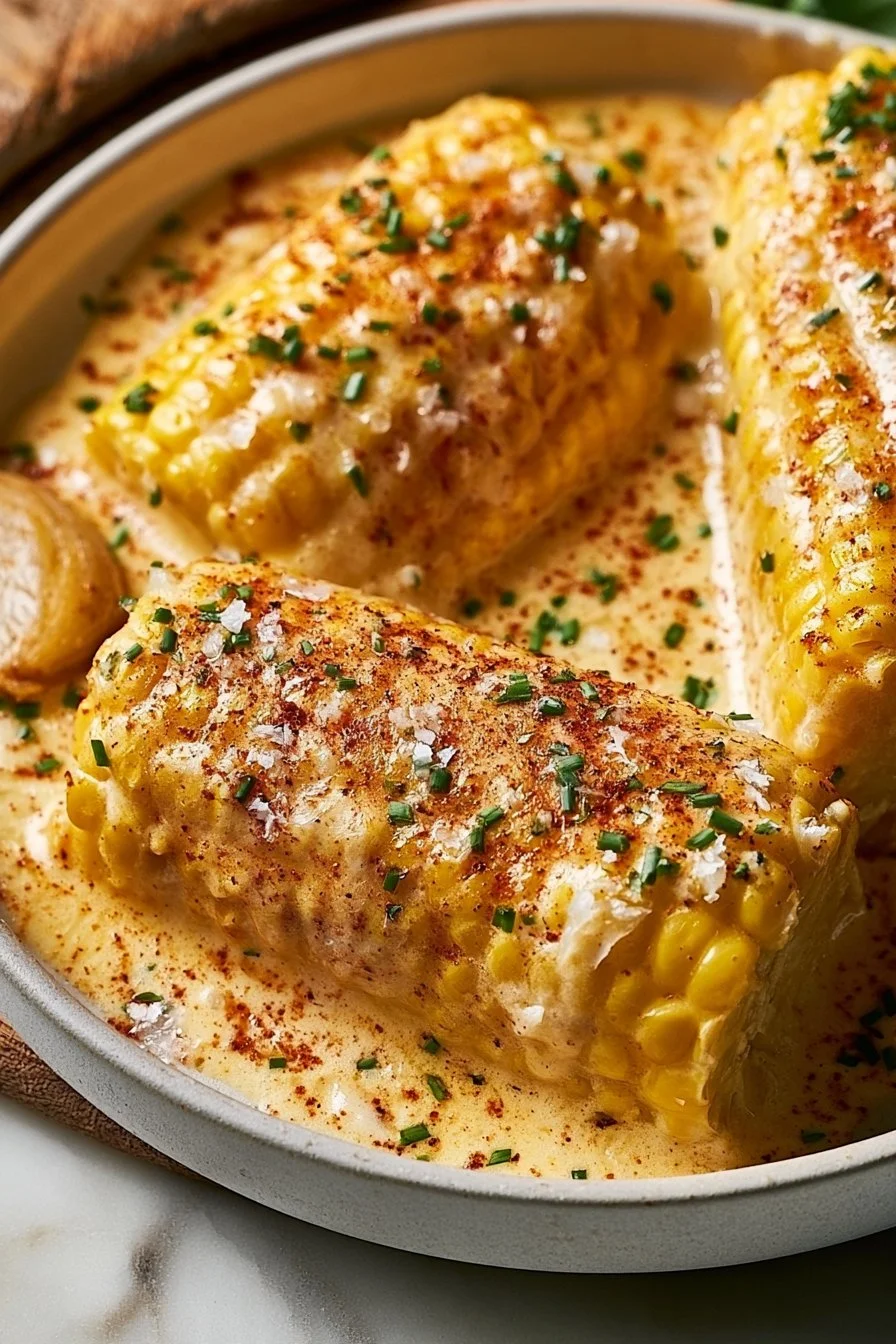 Creamy Corn on the Cob Simmered in a Buttery Cream Sauce