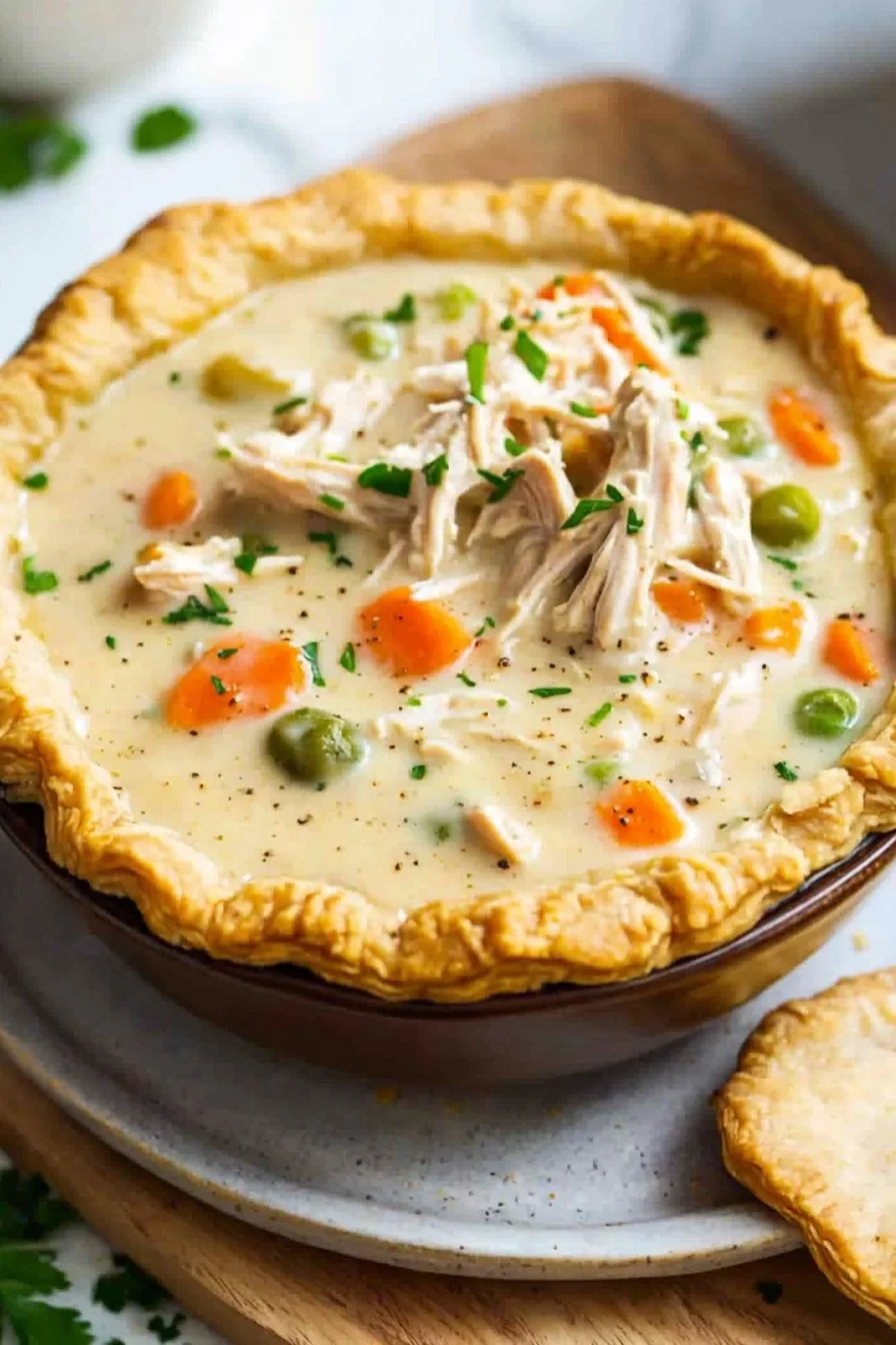 Creamy crock pot chicken pot pie with vegetables in a rustic dish