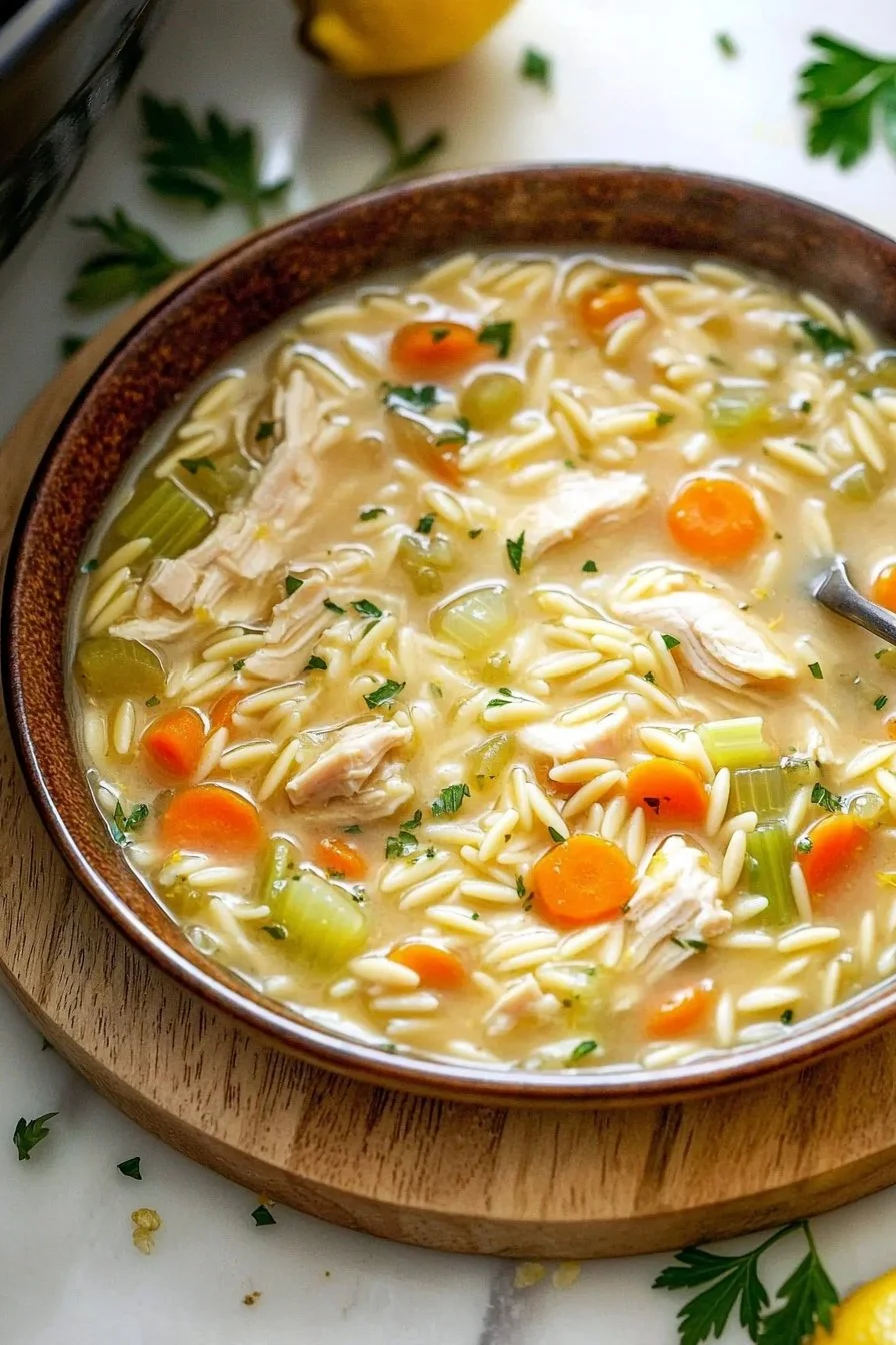 Bowl of creamy lemon chicken orzo soup garnished with fresh herbs