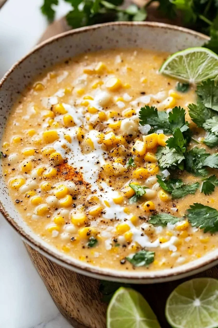 Bowl of creamy Mexican street corn soup garnished with cilantro and lime