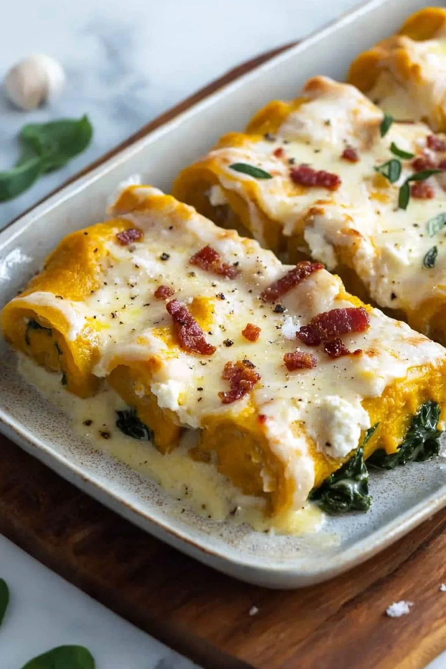 Creamy pumpkin lasagna rolls topped with crispy bacon, a fall favorite.