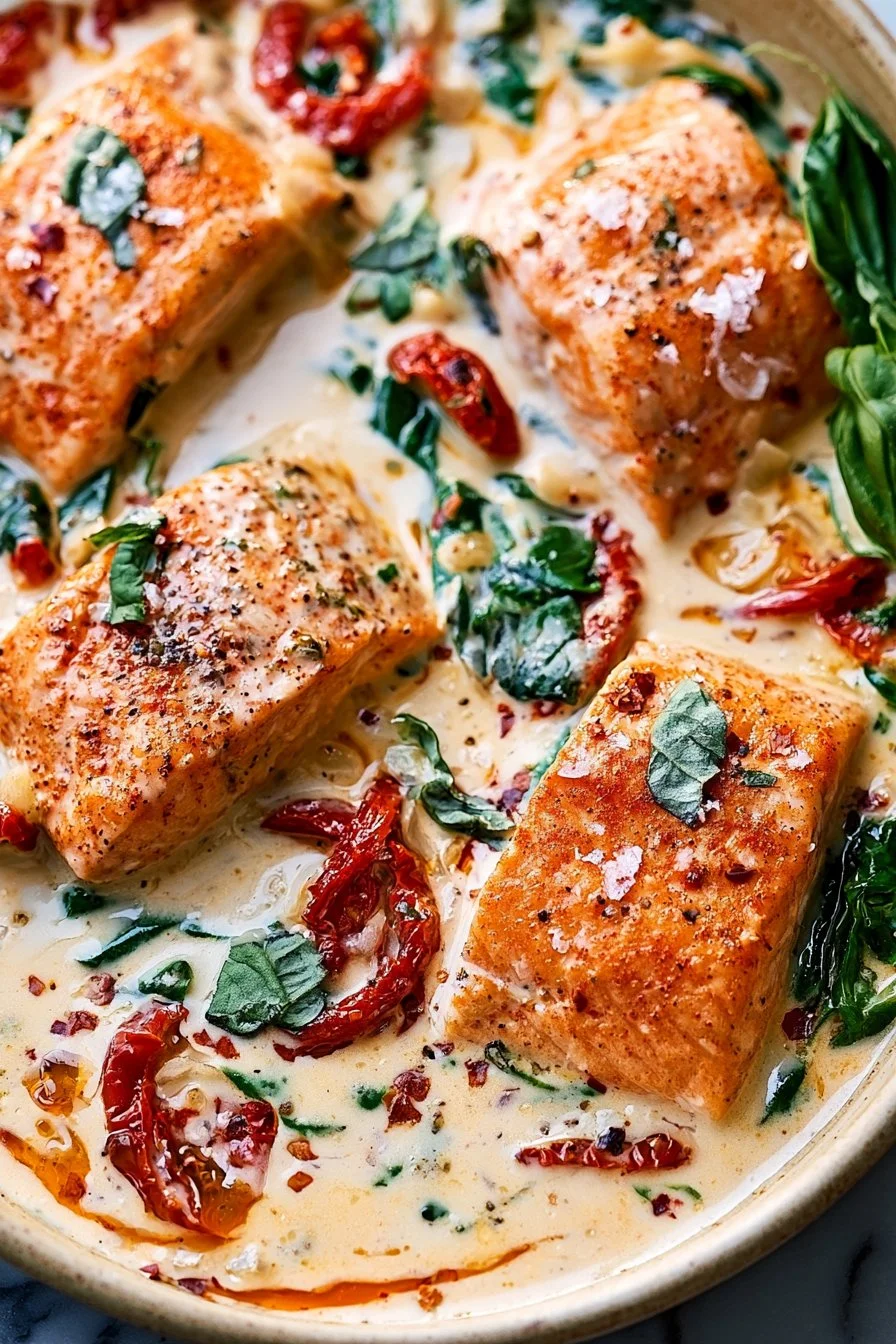 Creamy Tuscan Salmon in a Garlic Sun Dried Tomato Sauce