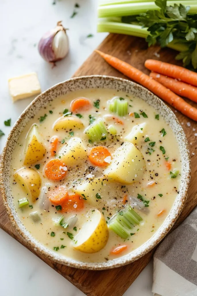 Creamy vegetable soup with potatoes, carrots, and celery in a bowl