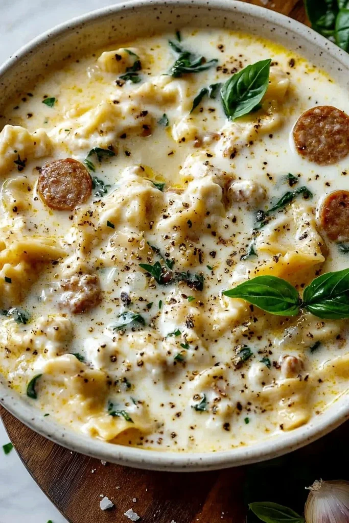 Creamy white lasagna soup with sausage served in a bowl