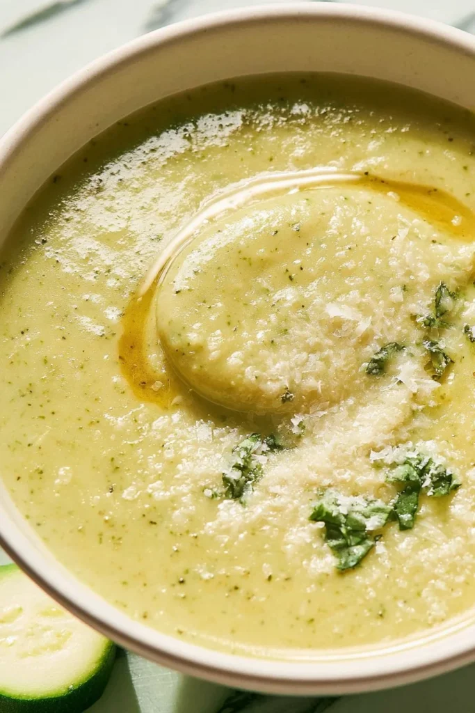 Delicious creamy zucchini soup garnished with fresh herbs in a bowl