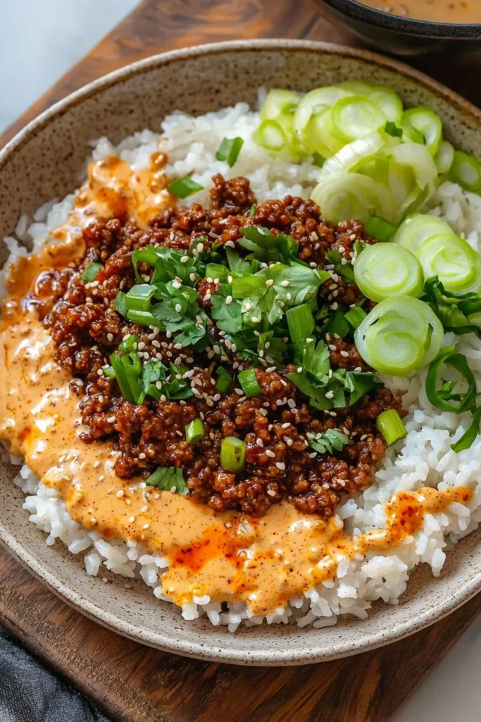 Crispy ground beef rice bowls topped with creamy gochujang broth and garnished.