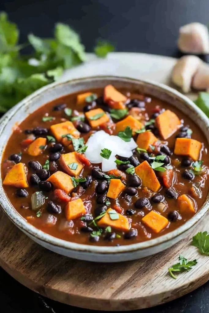 Crock Pot Sweet Potato Black Bean Chili in a bowl garnished with herbs