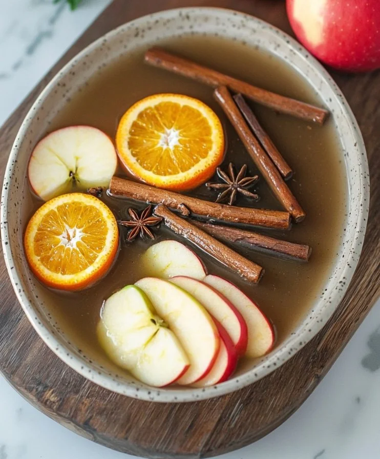 Crockpot apple cider simmered with cinnamon and orange in a cozy setting