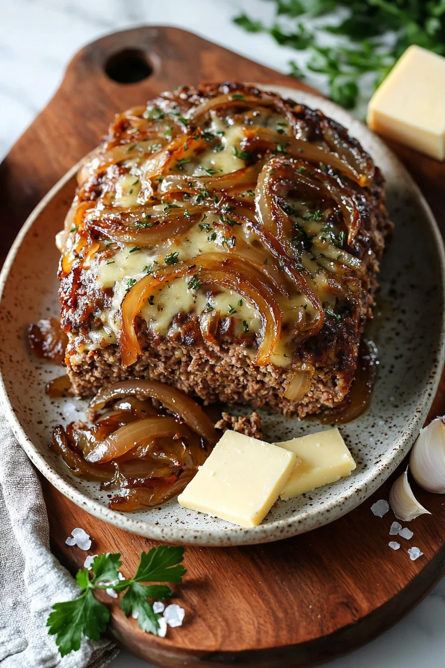 Crockpot French Onion Meatloaf topped with caramelized onions and Swiss cheese