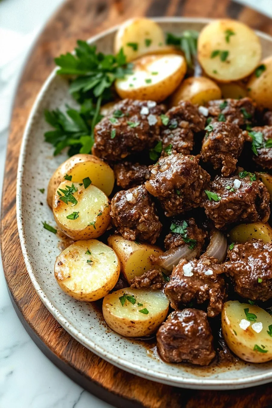Crockpot Garlic Butter Beef Bites and Potatoes