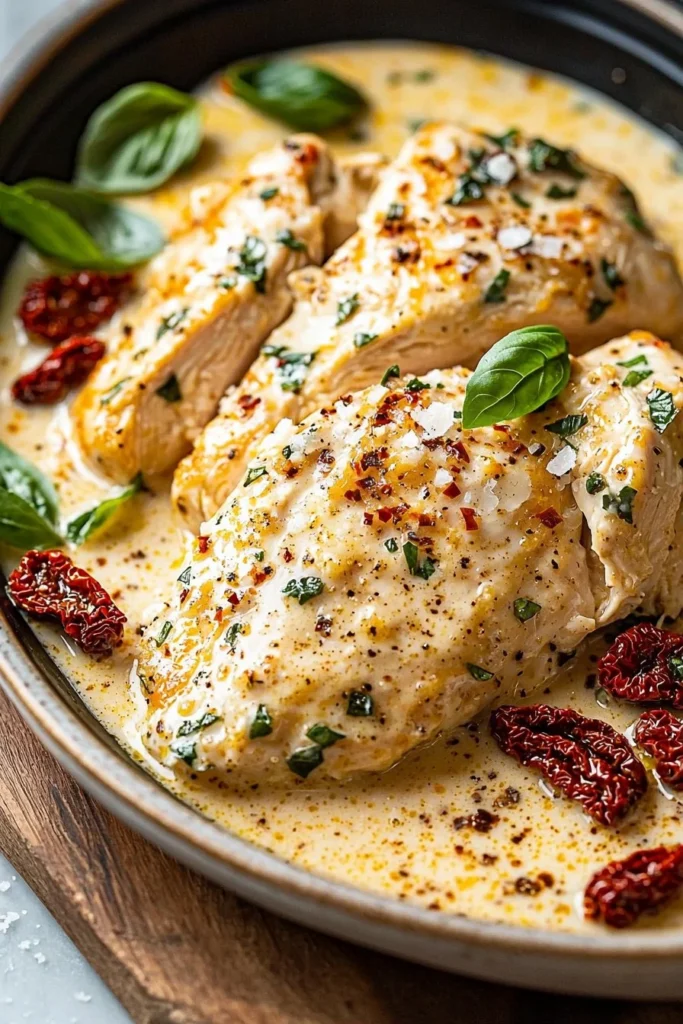 Crockpot Marry Me Chicken with creamy sauce and herbs in a serving dish.