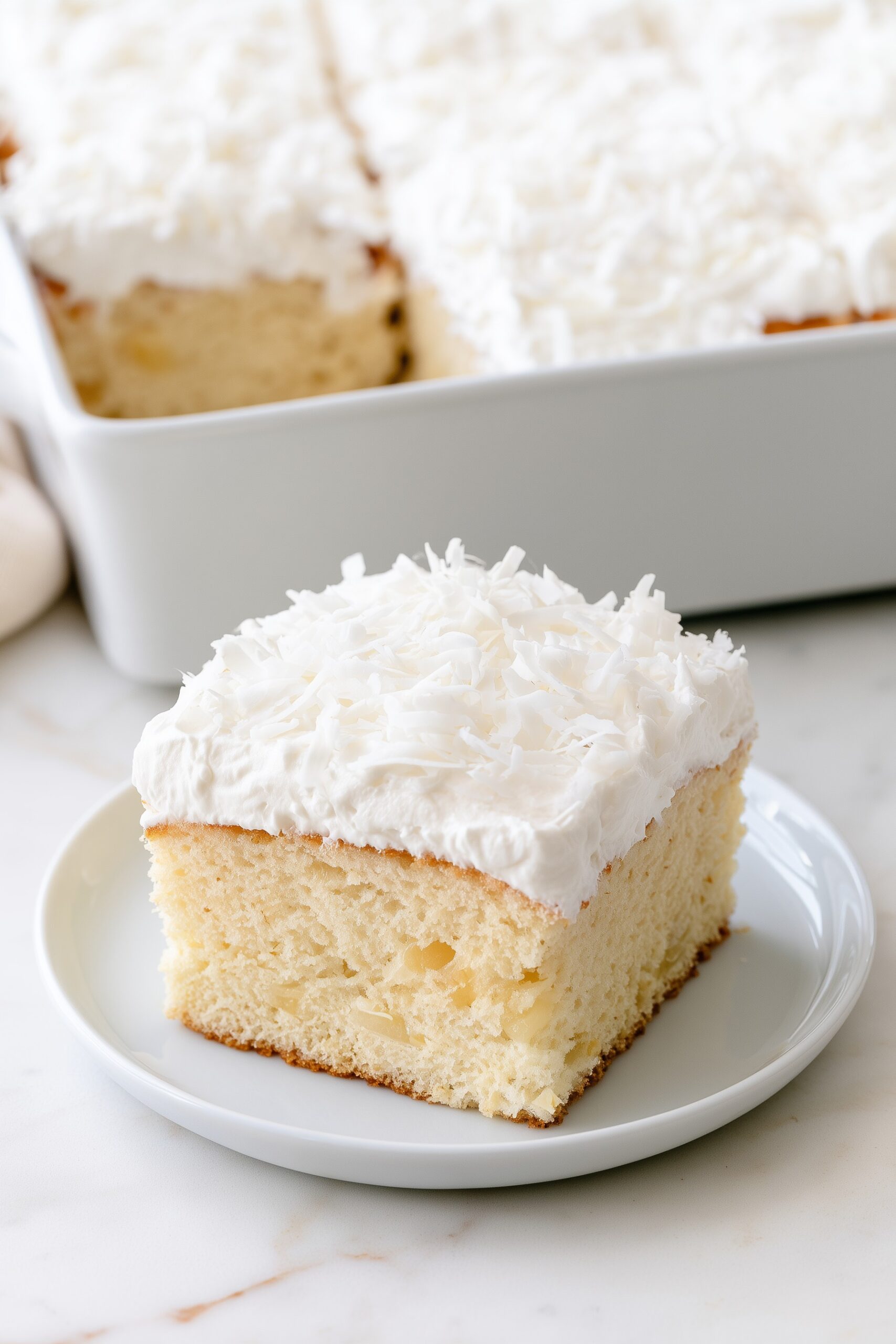 Square of pineapple angel food cake with whipped topping and shredded coconut on a white plate, the rest of the cake in a white rectangular baking dish behind