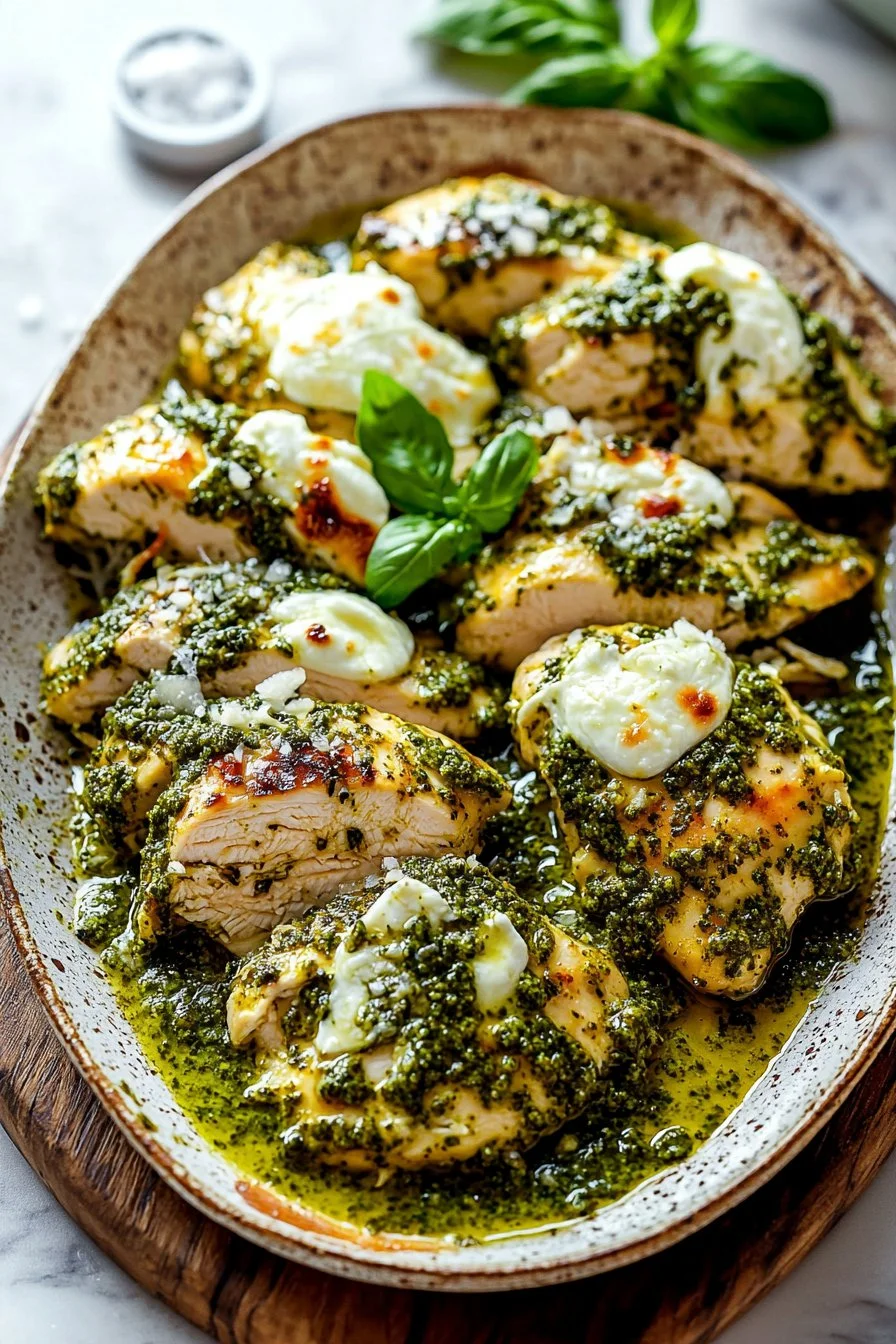 Easy baked pesto chicken recipe served with fresh vegetables on a plate.