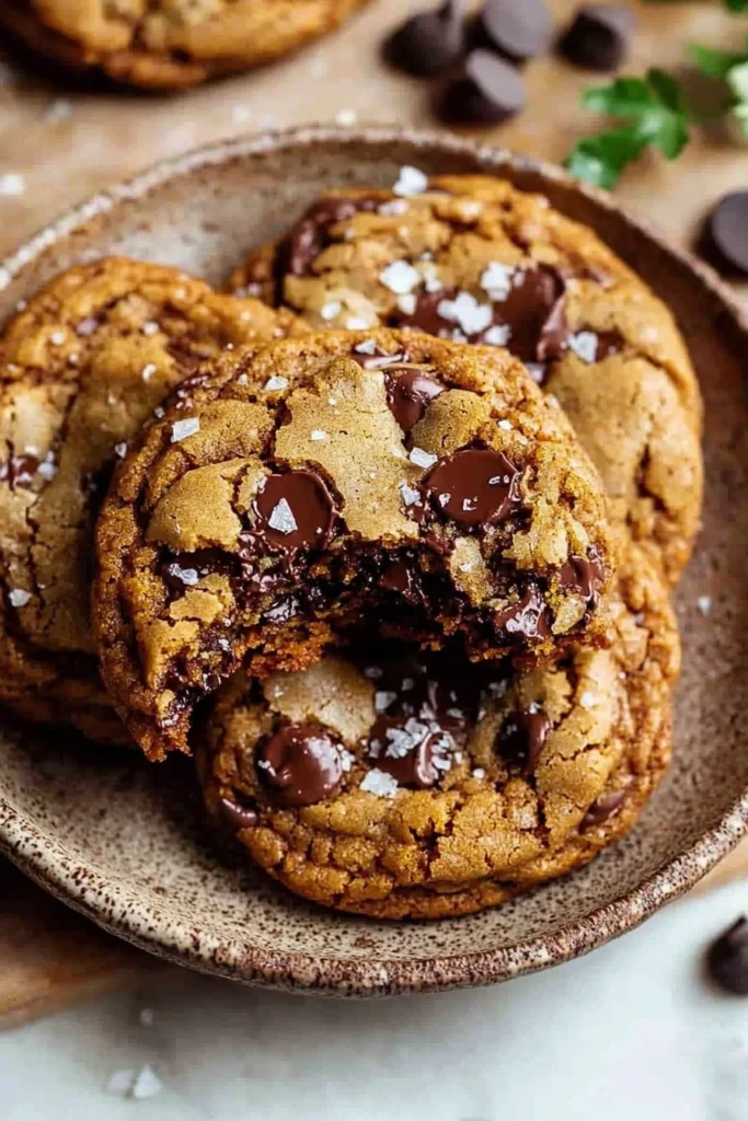 Delicious brown butter pumpkin chocolate chip cookies on a baking tray.