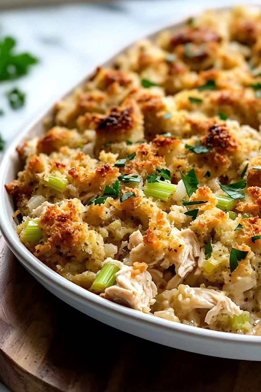Easy chicken stuffing casserole with cheese and herbs in a baking dish