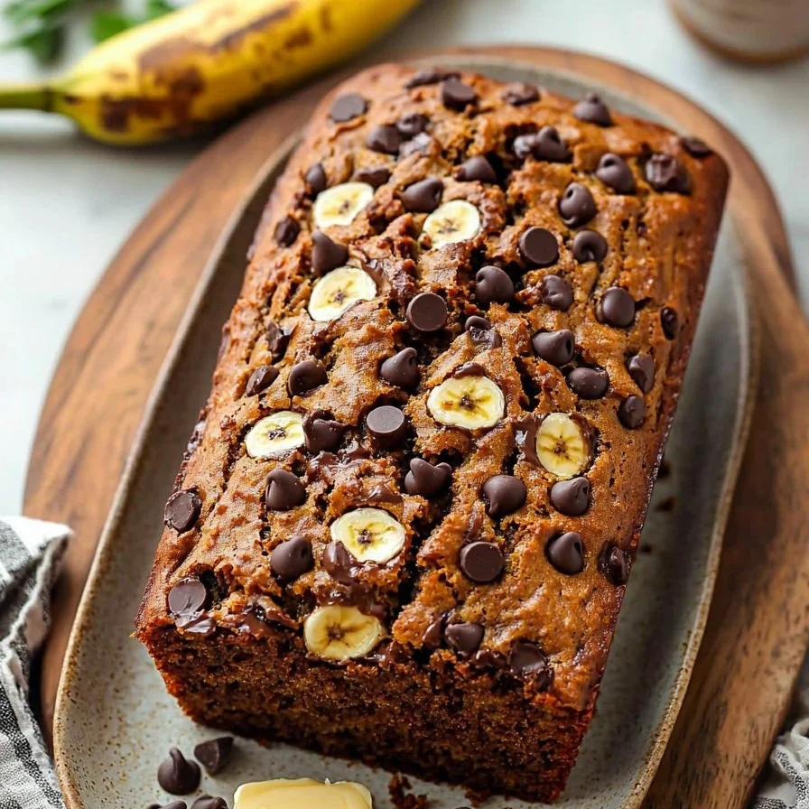 Loaf of easy chocolate chip banana bread on a wooden cutting board