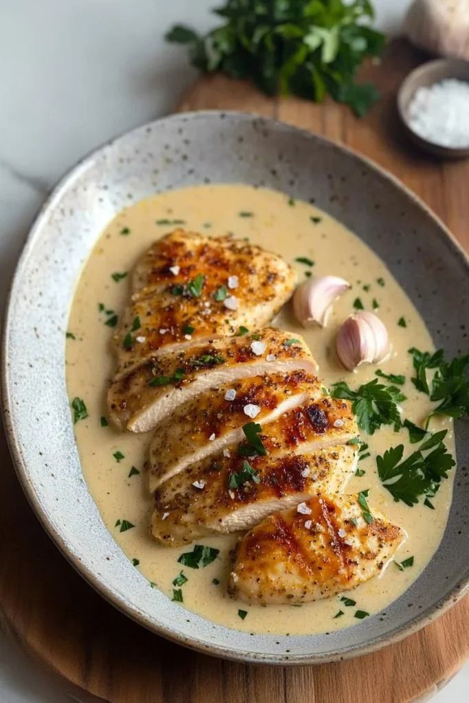 Delicious easy creamy garlic chicken served on a plate with herbs