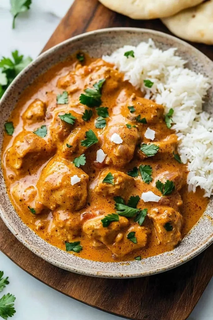 Bowl of easy crockpot butter chicken with rice and herbs garnish