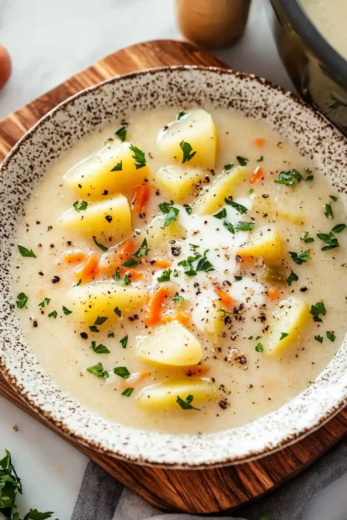 Bowl of easy crockpot potato soup topped with chives and cheese