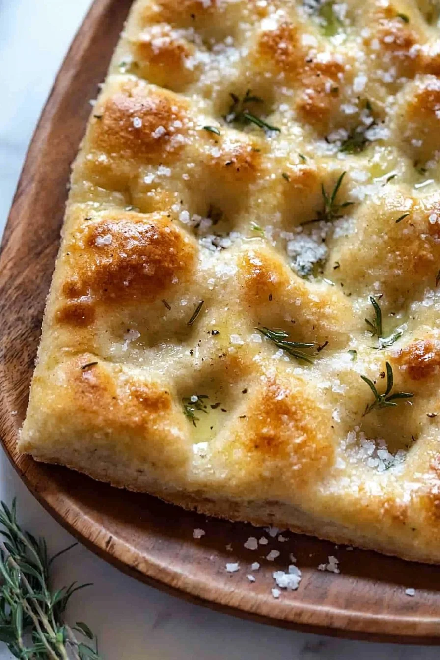 Freshly baked easy homemade focaccia bread with herbs and olive oil