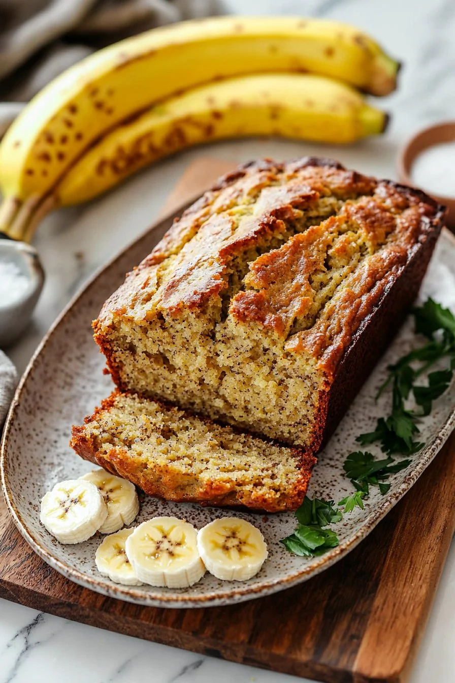 Slice of easy moist banana bread with overripe bananas