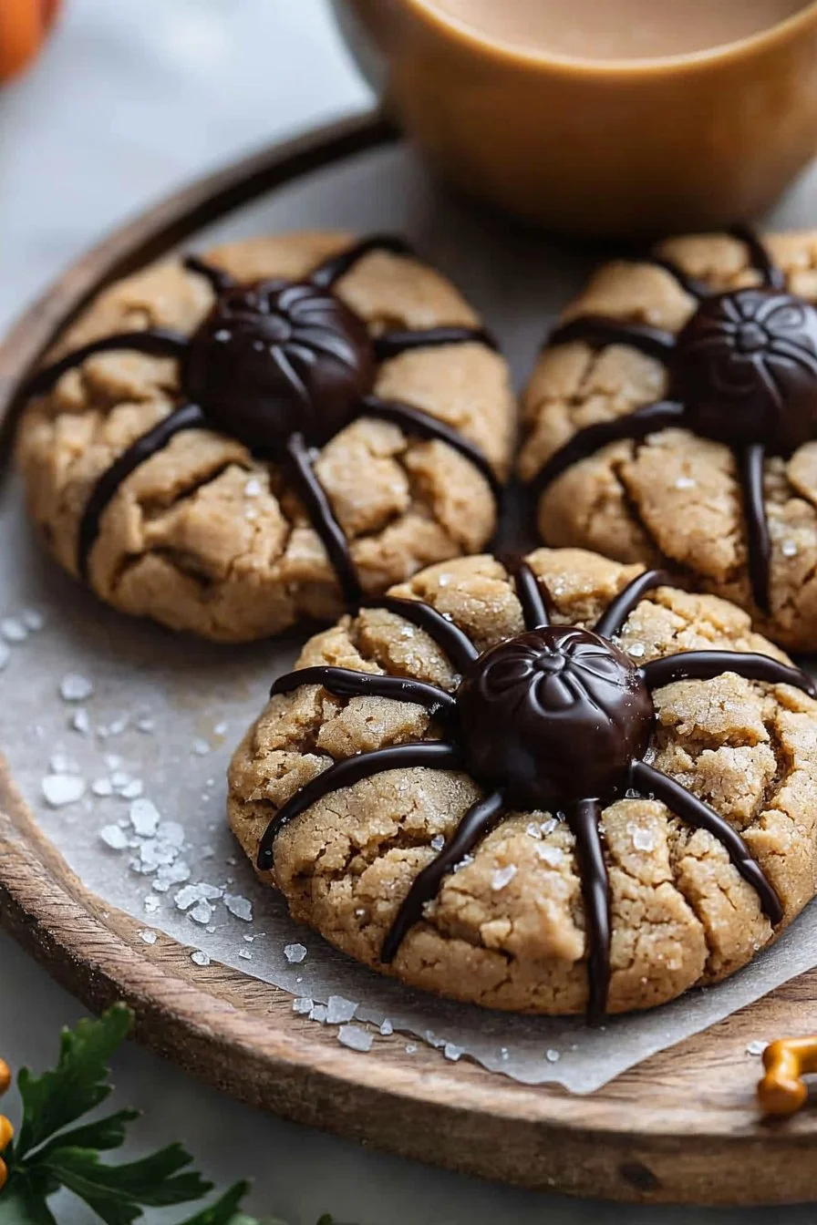 Peanut Butter Spider Cookies decorated with candy eyes for Halloween