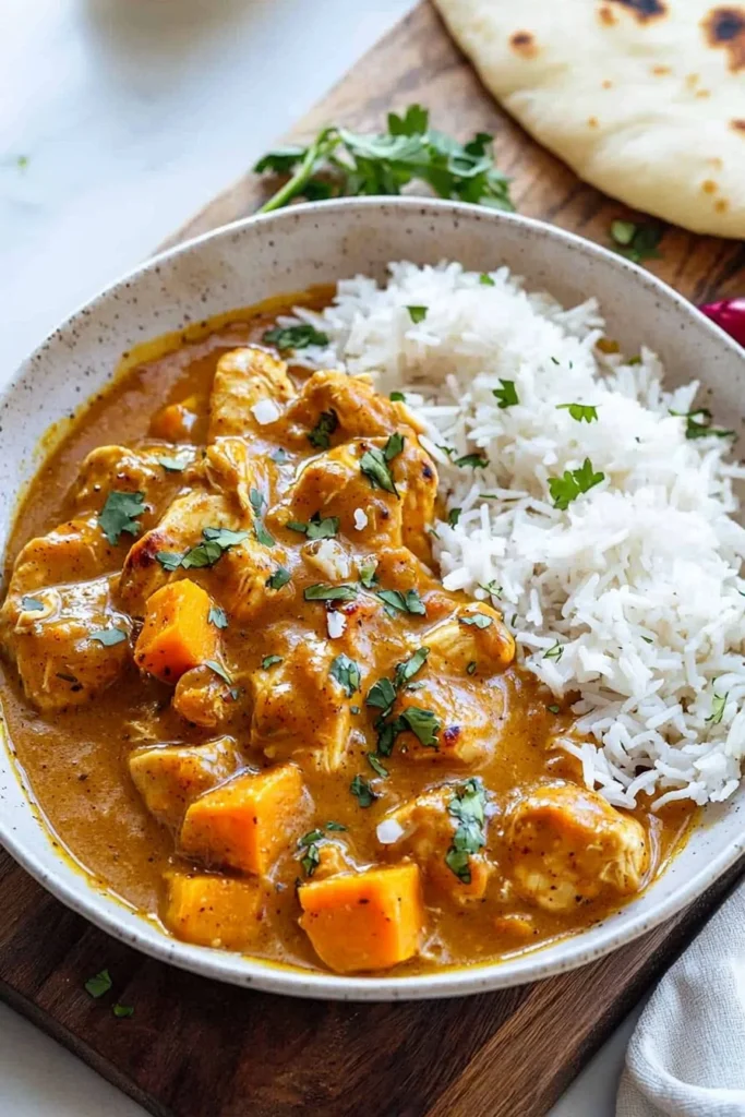 Bowl of easy pumpkin chicken curry garnished with herbs
