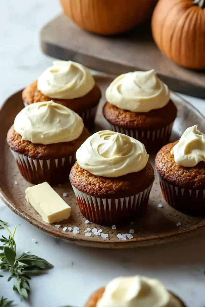 Easy pumpkin cupcakes with cream cheese frosting displayed on a rustic table