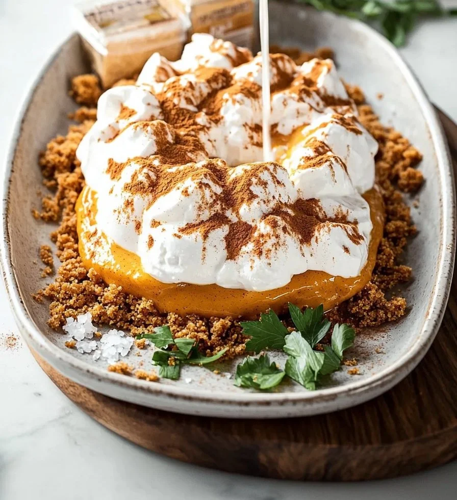 Delicious easy pumpkin lush dessert in a serving dish