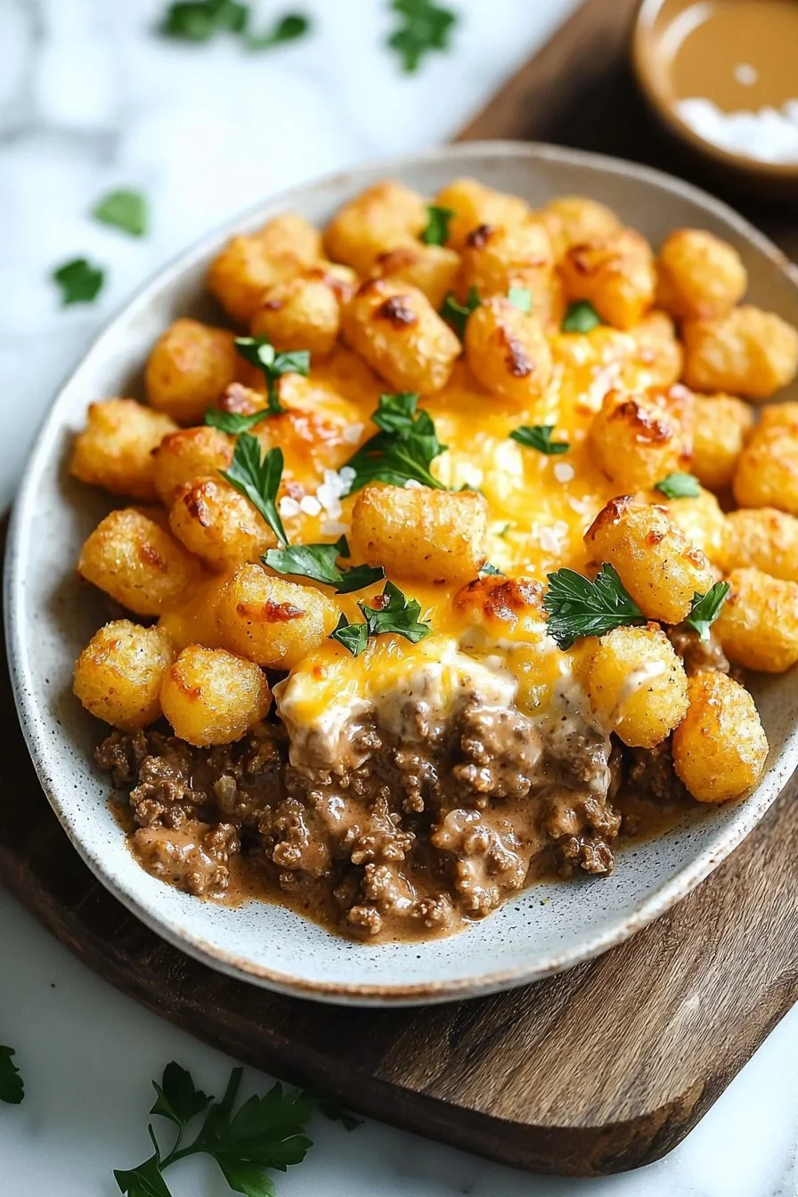Delicious easy tater tot casserole with ground beef served in a dish