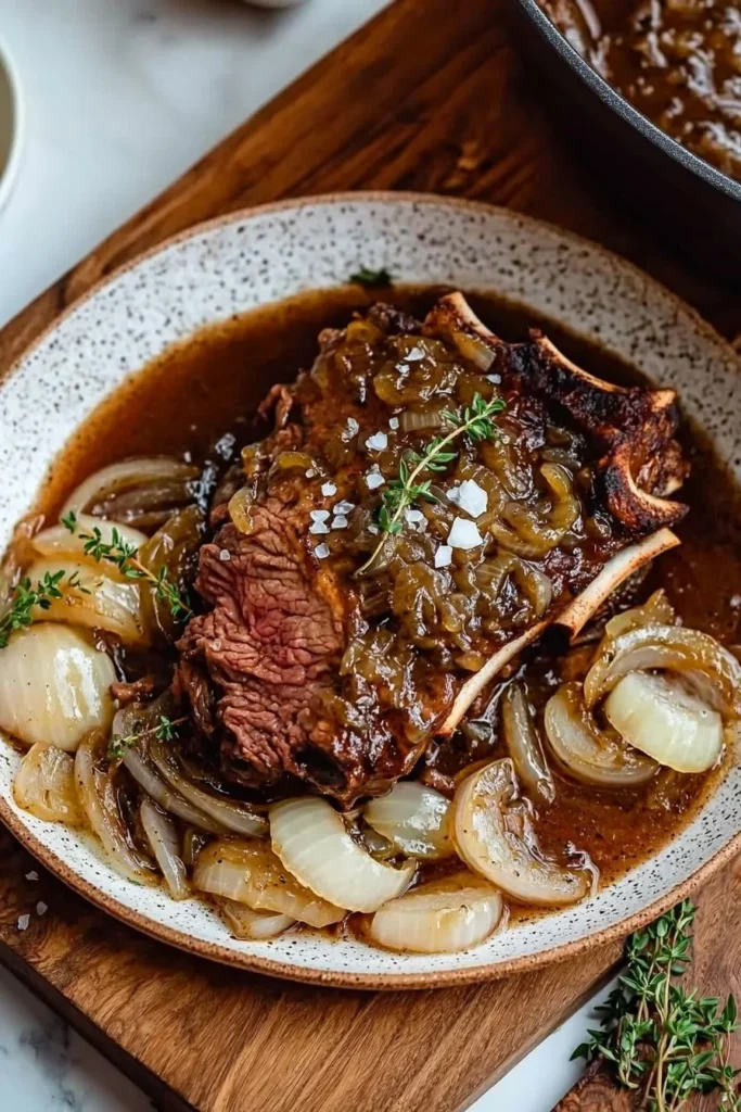 Delicious French Onion Pot Roast served with caramelized onions and herbs