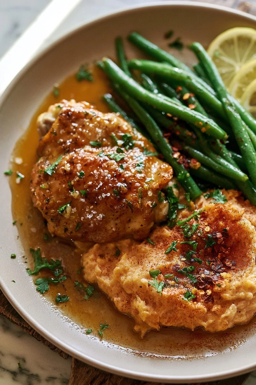 Garlic Lemon Chicken served with green beans and sweet potato mash