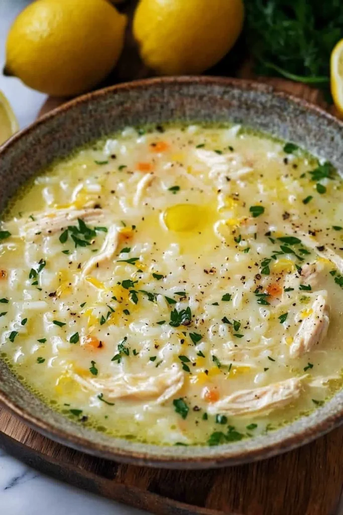 Bowl of Greek Lemon Chicken Soup (Avgolemono) garnished with lemon and herbs.