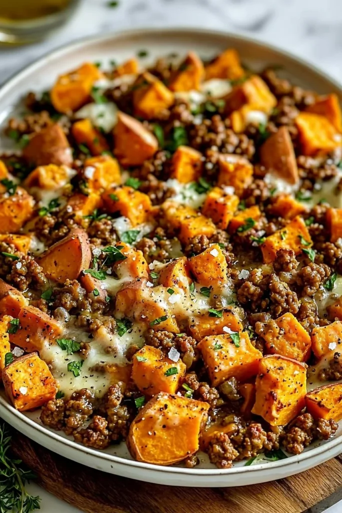 Ground turkey sweet potato bake served in a rustic dish