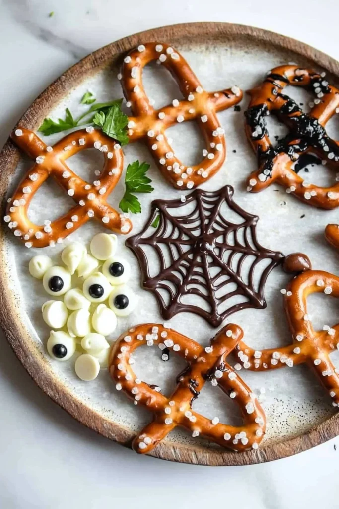 Halloween Spider Web Chocolate Pretzels decorated for spooky celebrations