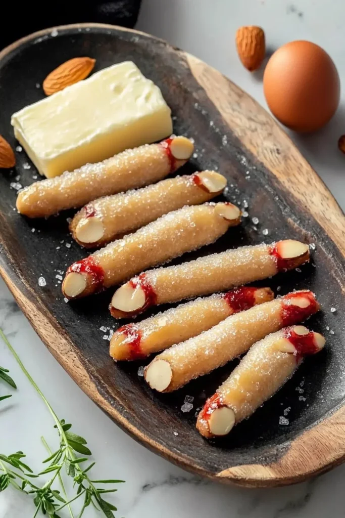 Spooky Halloween Witch Finger Cookies decorated with almonds and green frosting