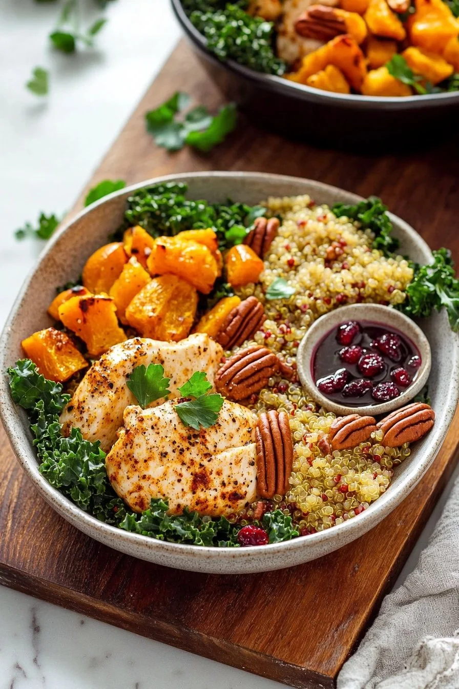 Harvest Chicken Bowls with Roasted Squash and Maple Dijon Dressing