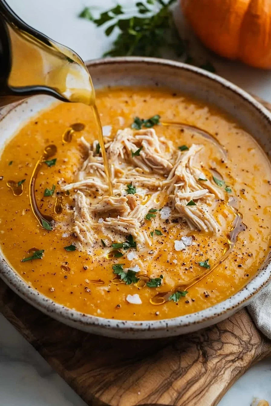 Bowl of creamy pumpkin chicken soup topped with herbs and spices.
